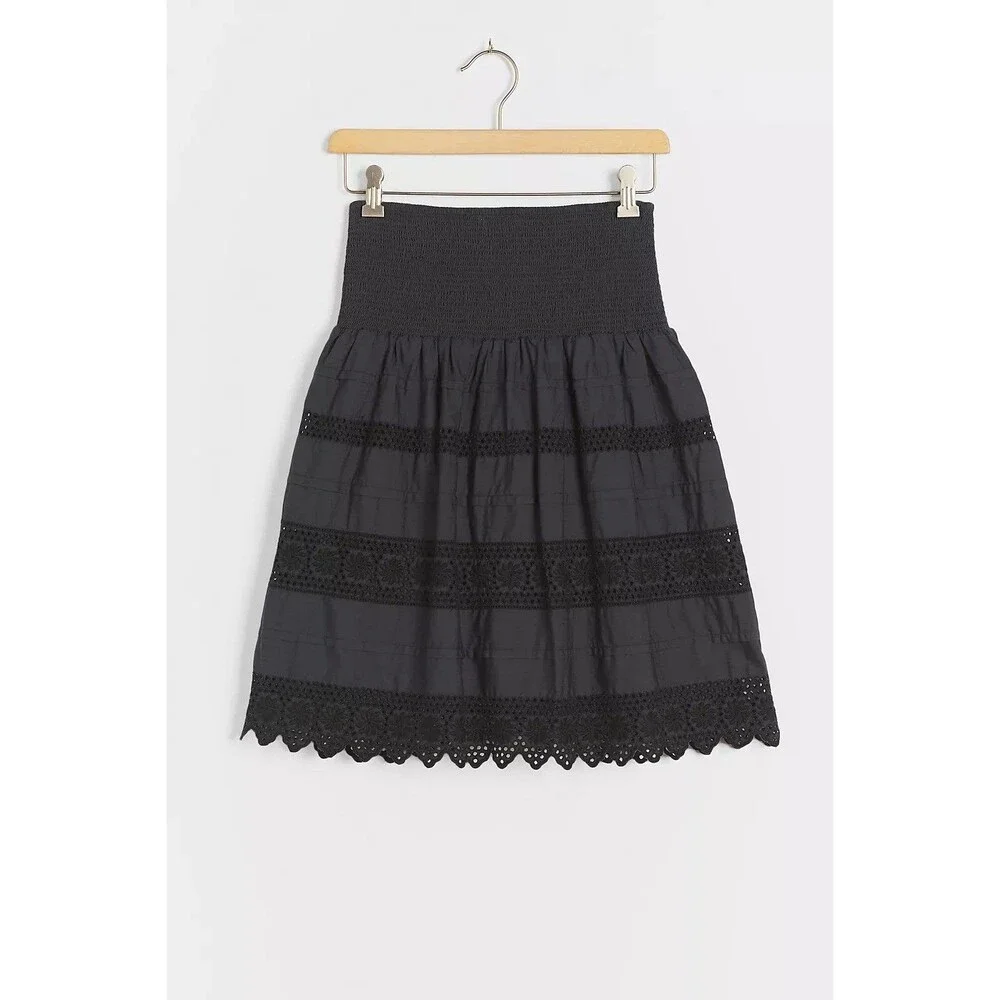 By Anthropologie Anisa Eyelet Mini Skirt Smocked Black Embroidered S NWT 283541